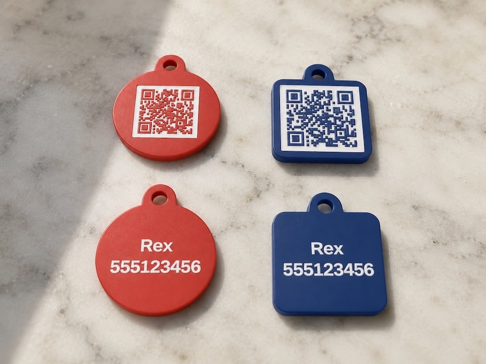 Three printable QR pet tag shapes: round, square and collar-slide